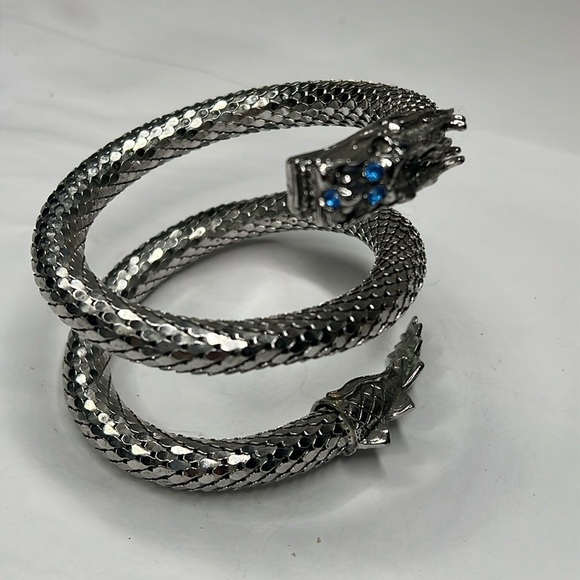 Silver Tone Mesh Coil Mesh Snake with Blue Crystal Eyes and Tail Bracelet - Picture 2 of 9